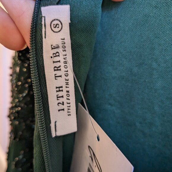 NWT 12th TRIBE Embroidered Mini Dress Small Green Sequins Fringe Flapper Tank - Picture 11 of 14